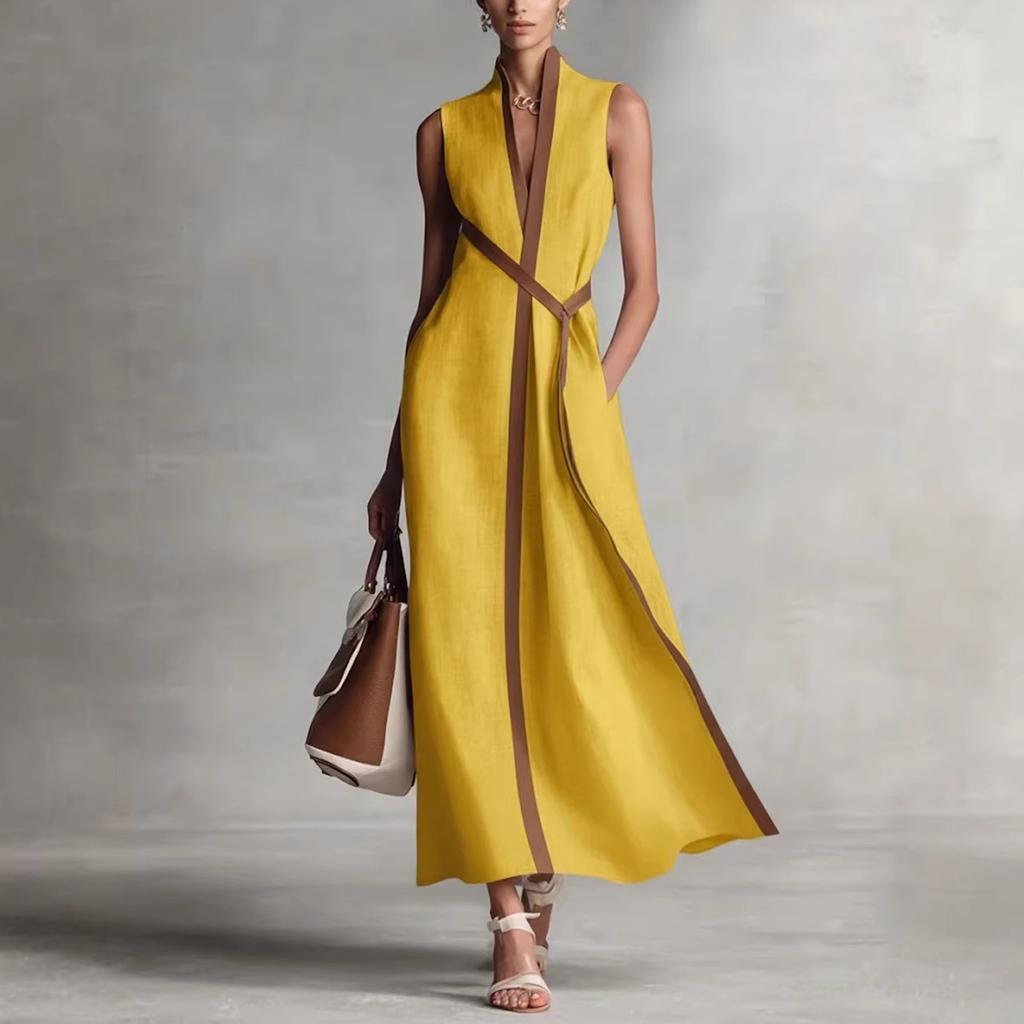 Damen Standkragen Ärmellos Unifarben Kontrastbänder Wickelgürtel Leinenmischung Maxikleid Elegant Pendler Täglich Urlaub Langes Sommerkleid