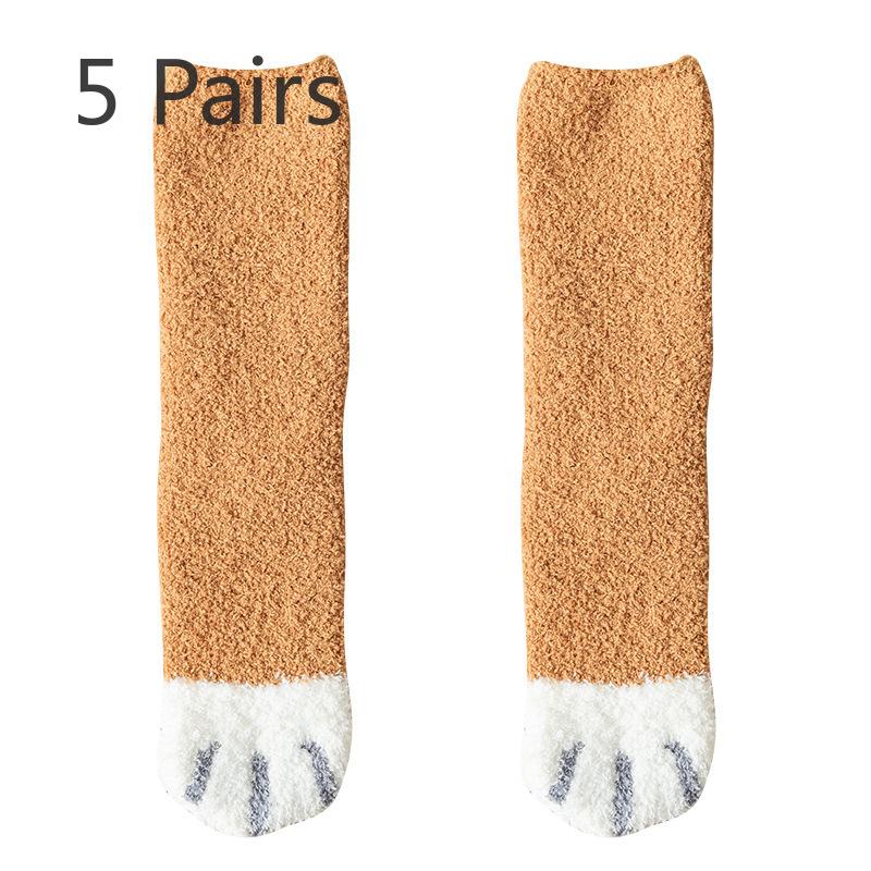 5 Pairs Socks Women Coral Velvet Mid-calf Socks Cat Claw Warm Wool Autumn and Winter Thickened and Padded Sleep Floor Socks Long Moon Socks