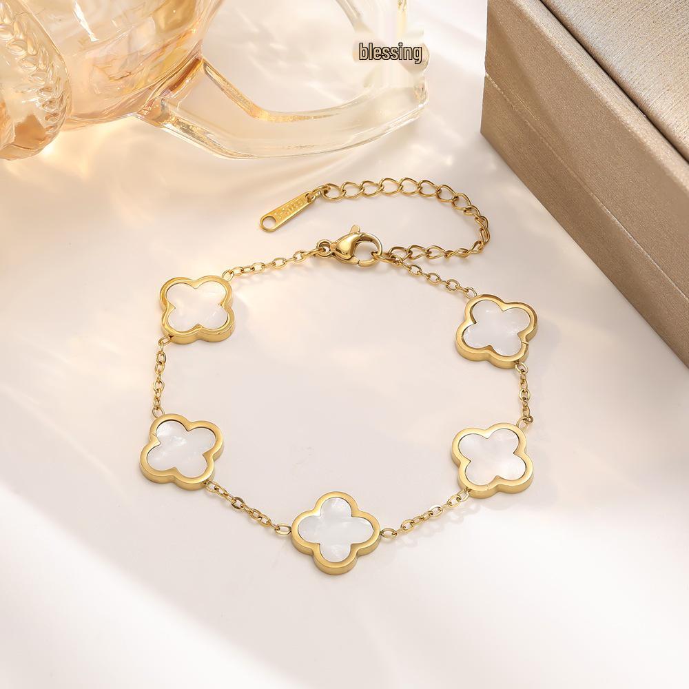 Cross-Platform Fashion Titanium Steel Four-Leaf Clover Bracelet - 13mm, Single/Double-Sided, In Stock