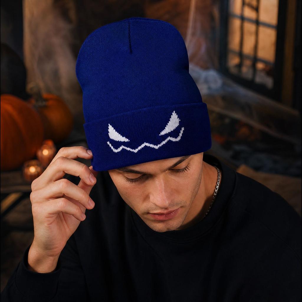 Halloween Knit Hat with Pumpkin and Devil Embroidery, Cute Trendy Winter for Women and Men