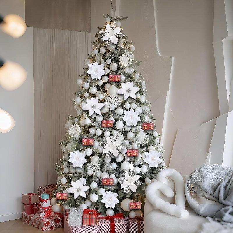 White Christmas Tree Decorations Artificial Flowers Ornaments Berry Stems Hanging Snowflakes for Xmas Tree Party Holiday Decor