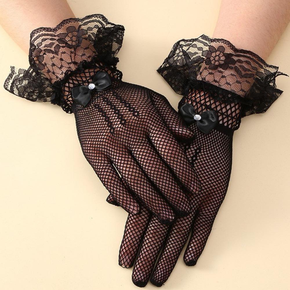 Women Thin Fishnet Mesh Driving Gloves Black White UV Protection Ruffle Lace Gloves