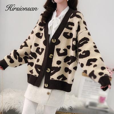 Cárdigan de Punto Estampado Leopardo Hirsionsan Ocio Mujer Otoño Suelto Cuello en V Manga Larga Suéter Femenino Moda Simple Tops de Botonadura Única