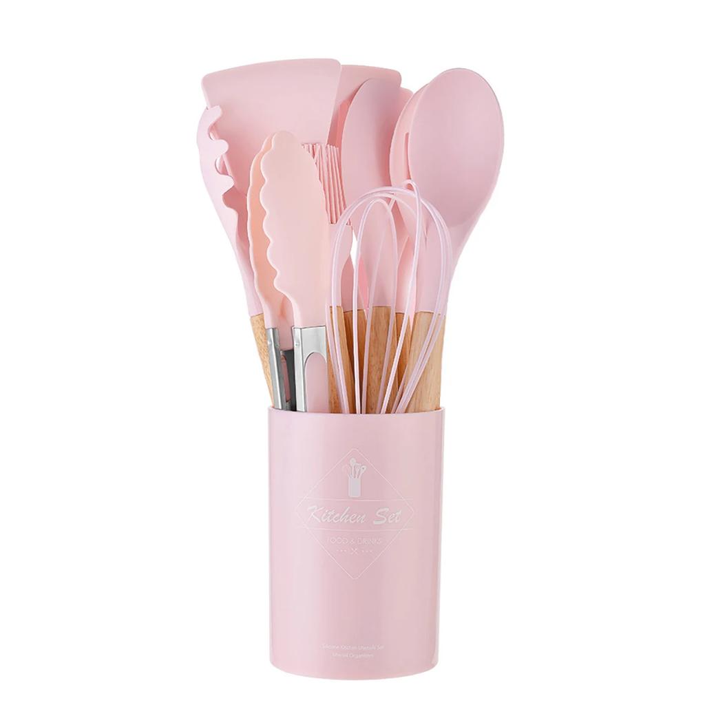 12Pcs/Set Utensílios de cozinha de silicone com alça de madeira balde resistente a altas temperaturas e antiaderente panela espátula colher