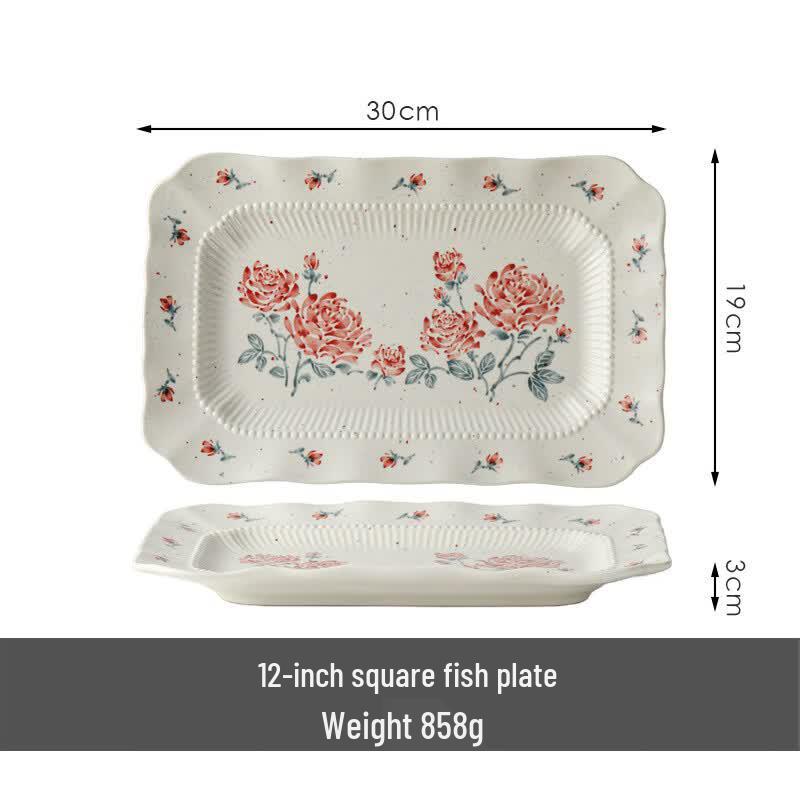Ruhan French Retro Rose Garden Embossed Ceramic Plate