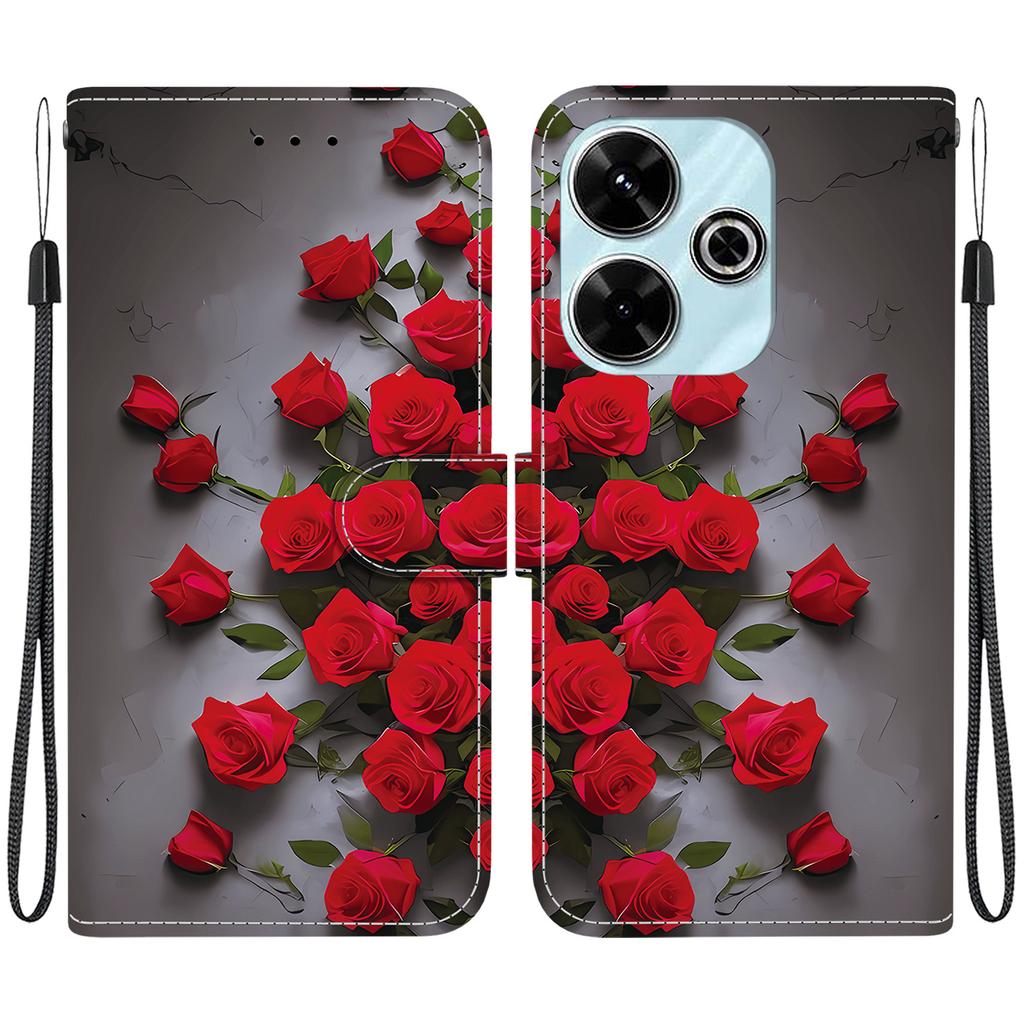 Handmade PU Leather Flip Case for Xiaomi Redmi 13 (4G) / Xiaomi Poco M6 4G Anti-Slip Shockproof Cover with Wrist Strap & Heart/Rose Cat Designs