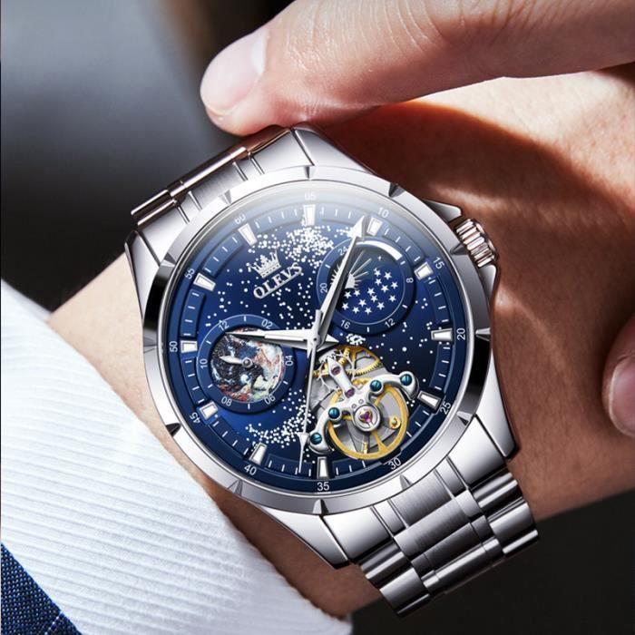 Men's Luxury Brand Automatic Mechanical Chronograph Watch Moon Phase Display Multifunction Steel Bracelet