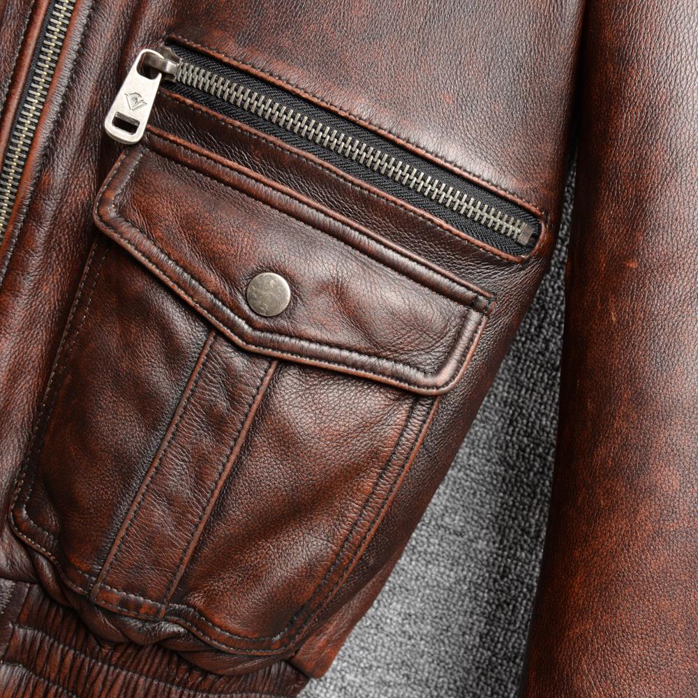 Vintage Red Brown Men Genuine Leather Jacket Real Cow Skin Coat Flight Suits Pilot Bomber Men's Jackets Spring Autumn