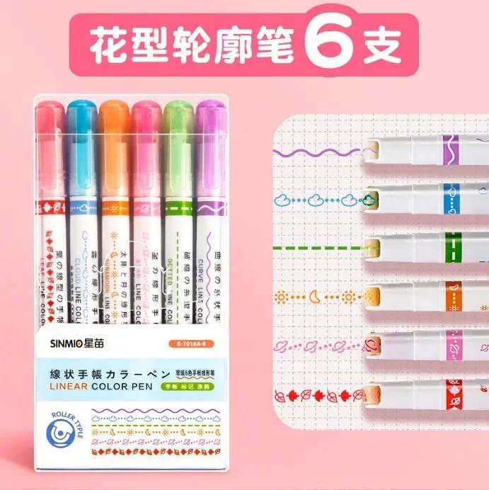 Non-Toxic 6Pcs/Set Art Drawing Doodling Stationery Flower Line Shape Highlighter Pen School Office Supplies Roller Tip Curve Liner Marker