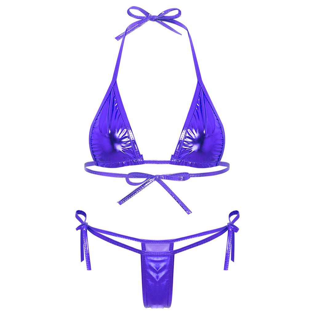 Womens Metallic Bikini Set Lacing Triangle Top G String Swimwear for Pool Parties