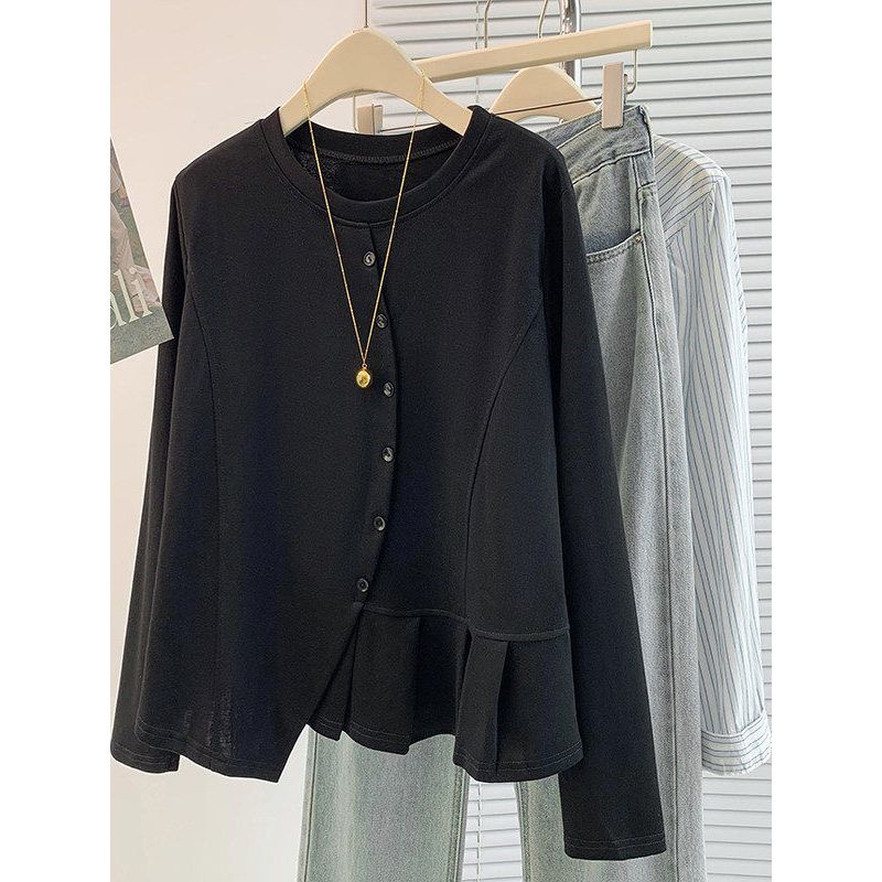

Plus-Size Women s 120kg Ruffled Solid Color Button Long-Sleeve T-Shirt, Loose Fit, Irregular Hem, Suitable for Spring and Autumn Black L (Recommended 55kg-65kg)