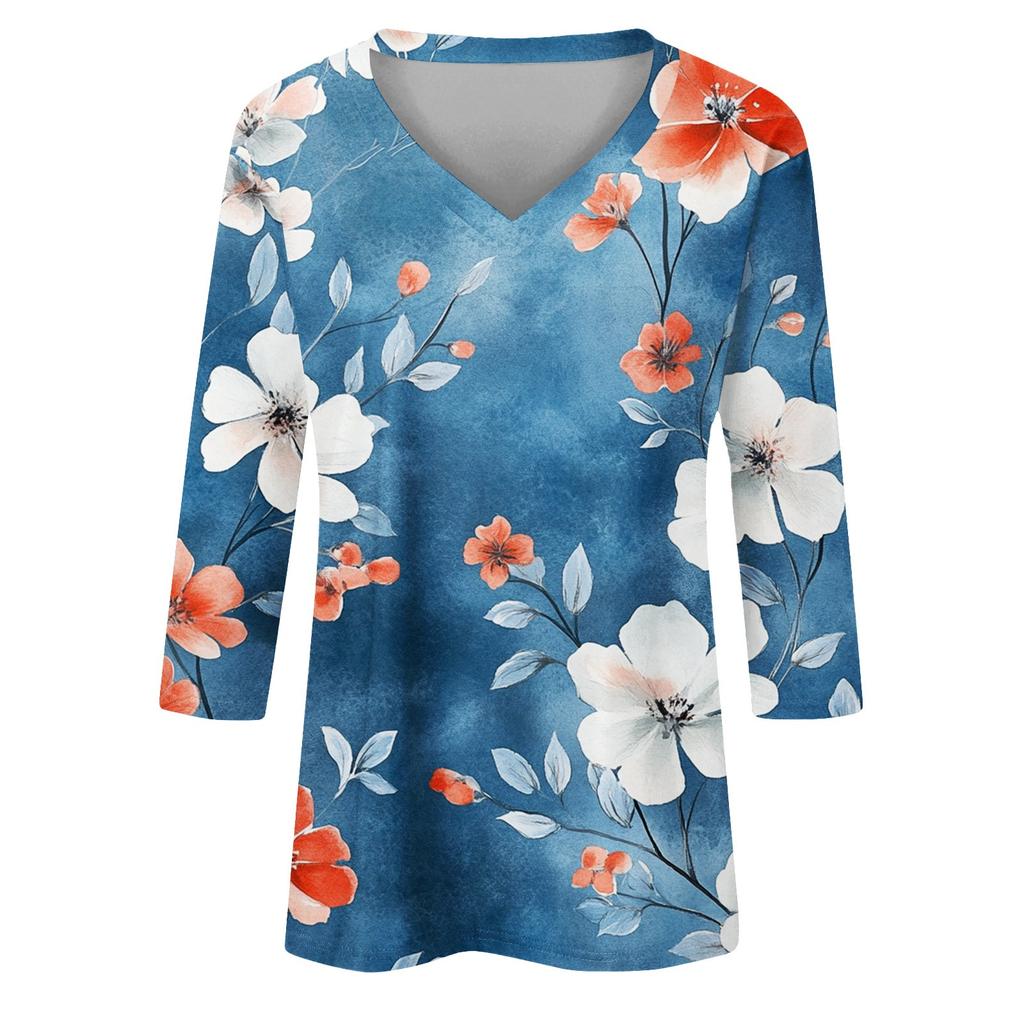 Women's Tops Three-quarter Sleeve Shirt V-neck Loose Casual Shirt Floral Printed T-shirt