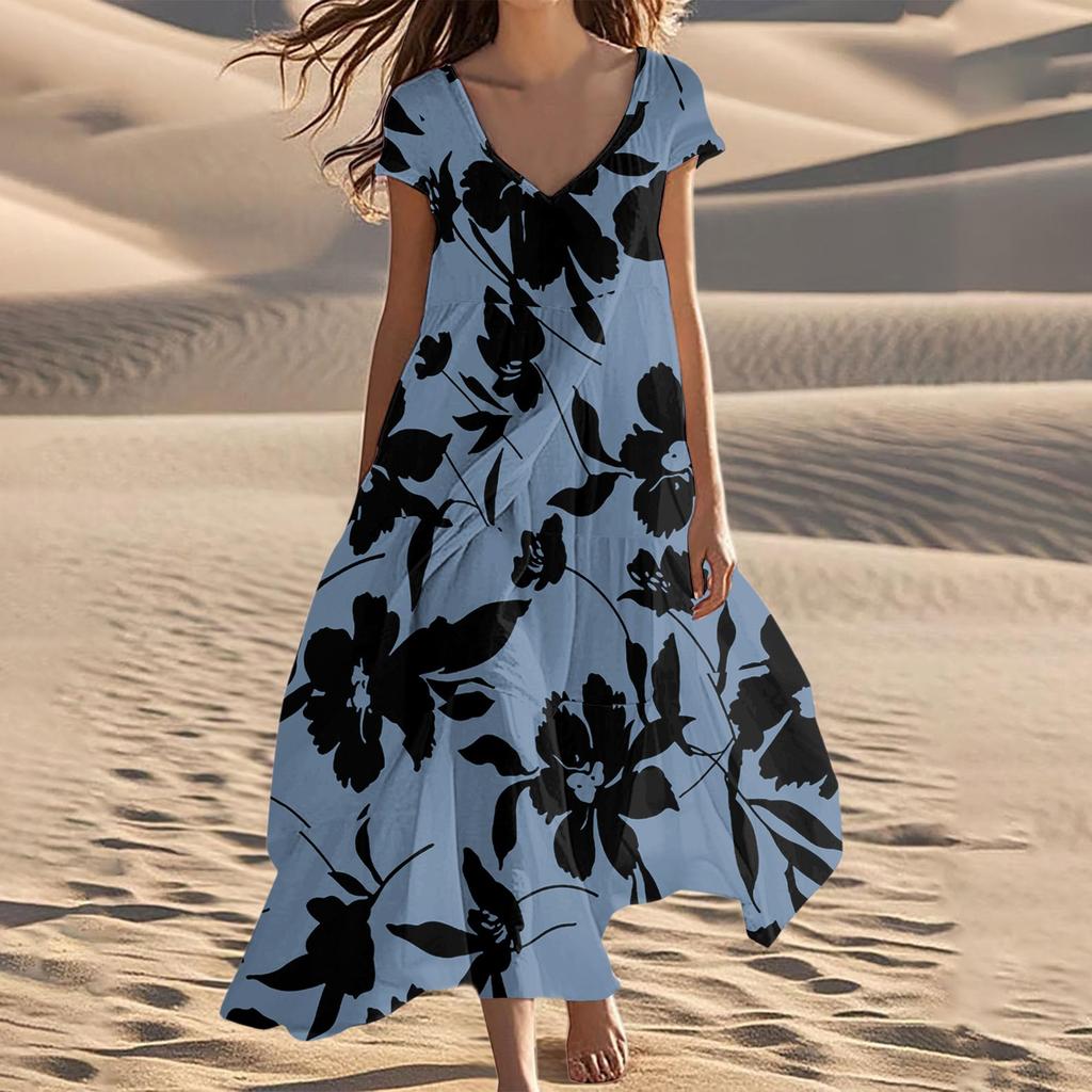 Damen Sommer Mode V-Ausschnitt Strand Lang Kurzarm Kleider mit Blumendruck