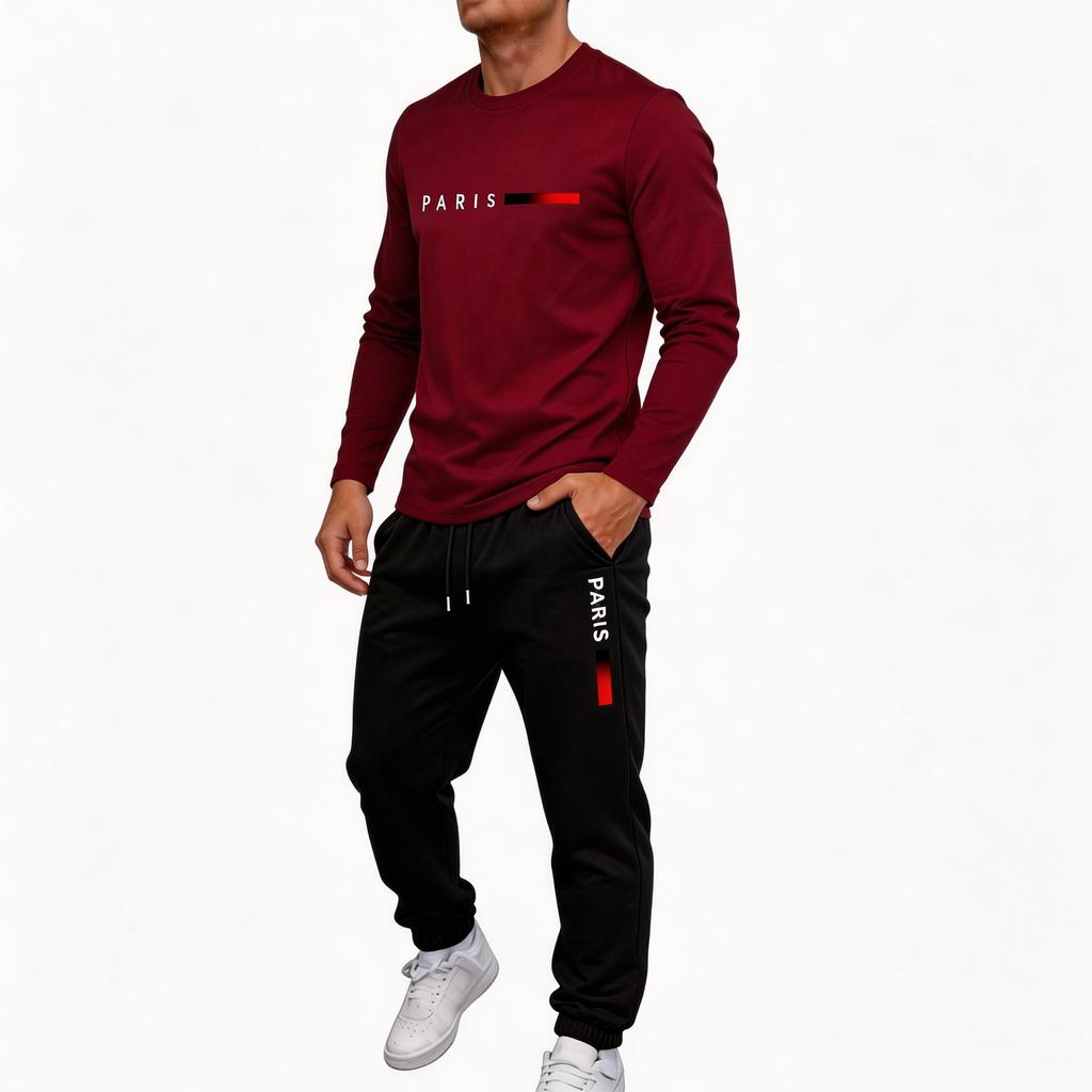 Men's Outdoor Sports Two Piece Set Breathable Long Sleeve Shirt and Elastic Waist Jogger Pants Casual Athletic Wear for Daily Activities