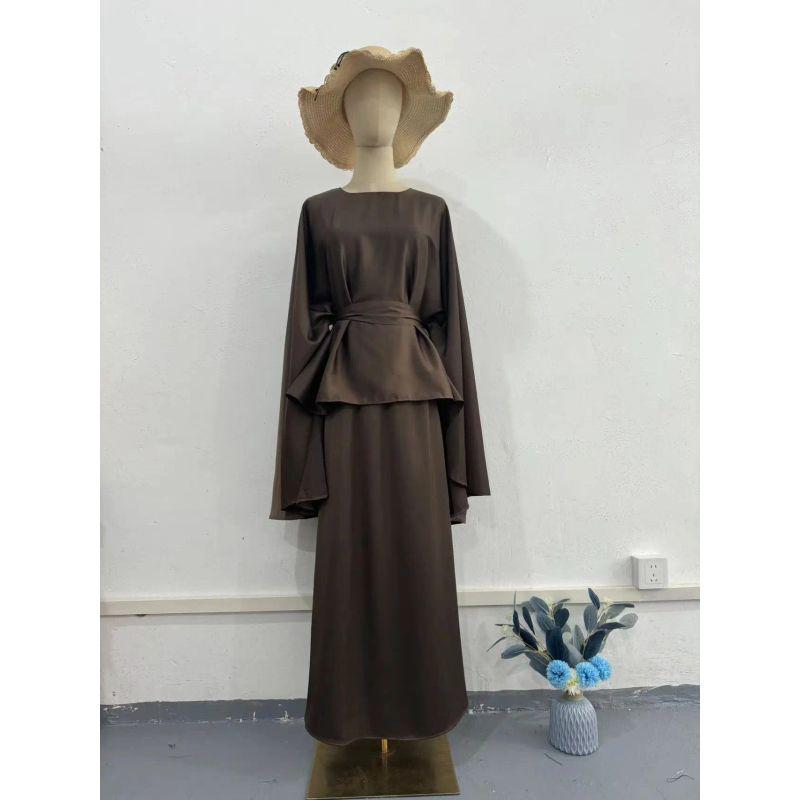 European and American 2025 New Round Neck Long Sleeve Dress Batwing Sleeve Lace-up Waist Hugging Drape Satin Set Women Clothes Summer