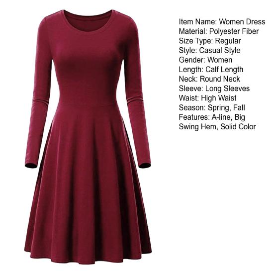 Spring Women Dress O Neck A-line Big Hem Long Sleeve Midi Dress Solid Color