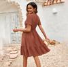 Women Spring Solid Color V-Neck Short Lotus Leaf Sleeve Dress Summer Casual A-Line High Waist Above Knee Dresses S-XL