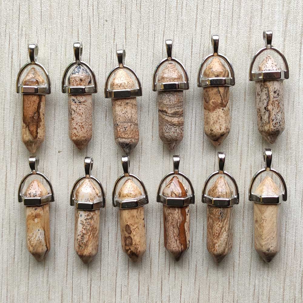 Natural stone quartz aventurine lapis crystal hexagonal pillar Pendants for Jewelry accessories 12pcs