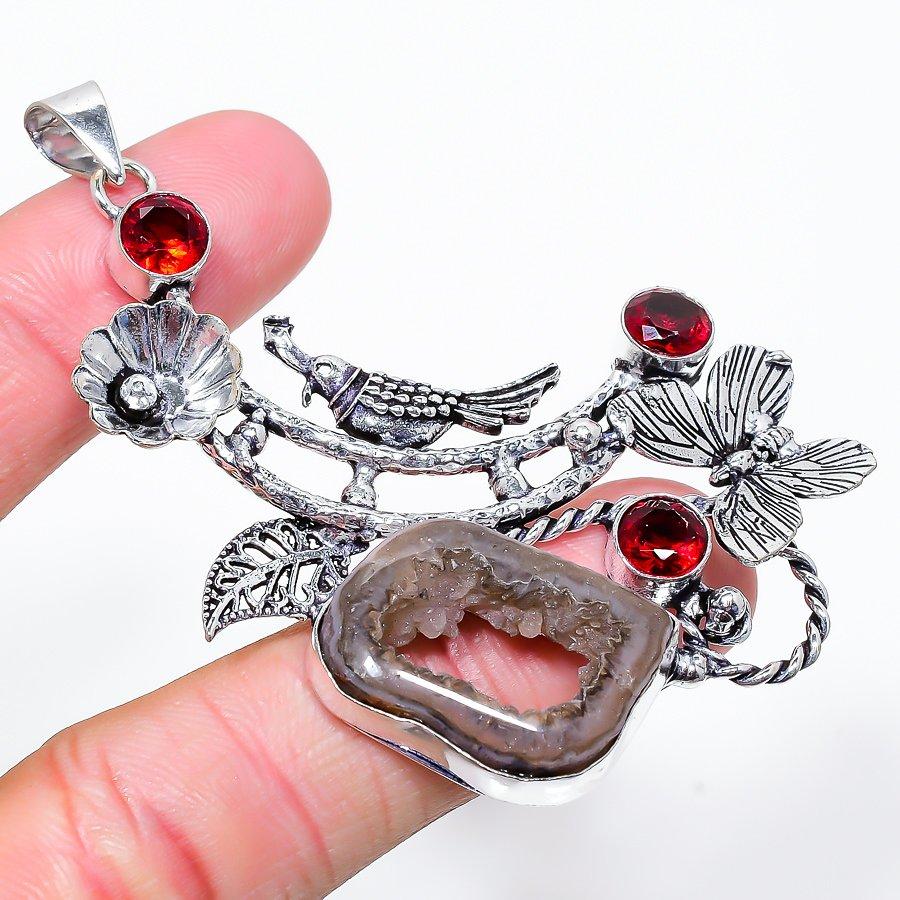 

Кулон из натурального агата, жеоды, граната, стерлингового серебра 925 пробы, 2,96 дюйма, B7g46