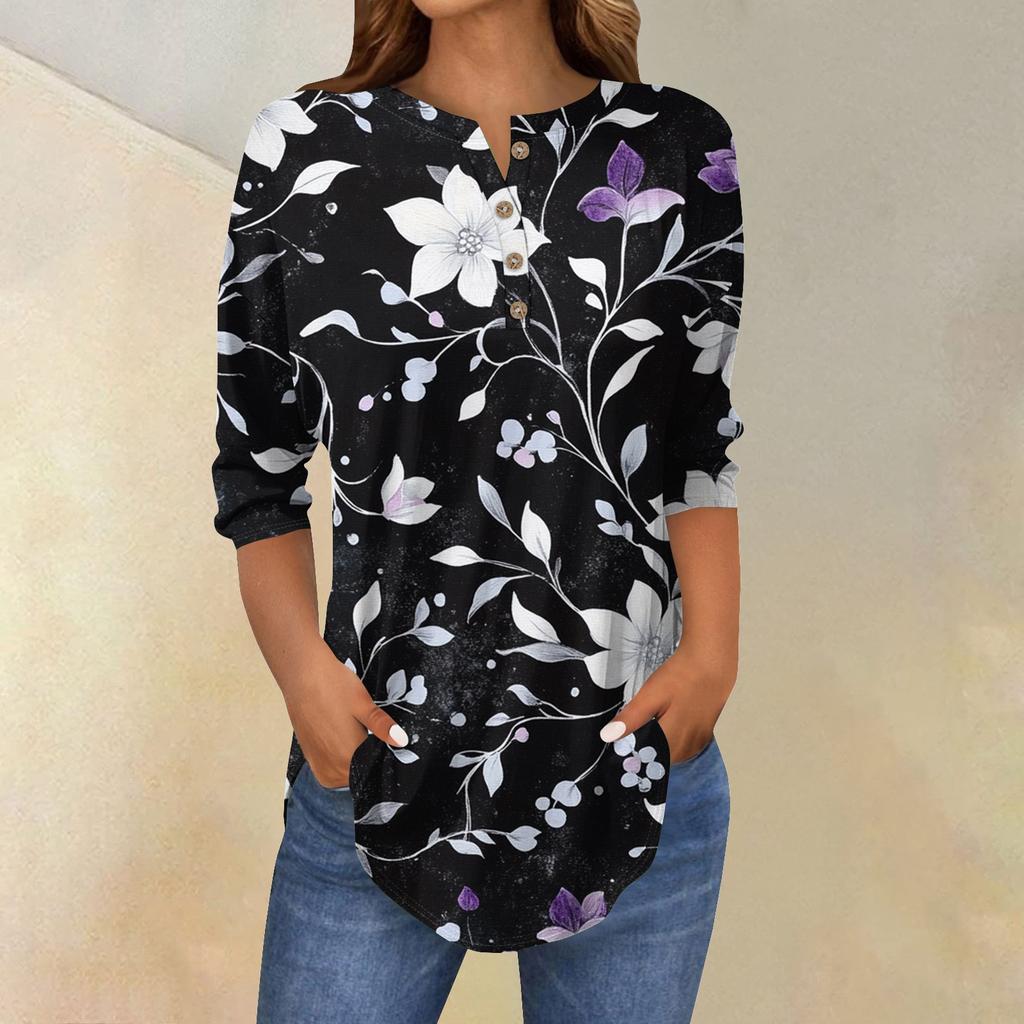 Damenmode Lässig Dreiviertelärmel Blumendruck Rundhals T-Shirt Top