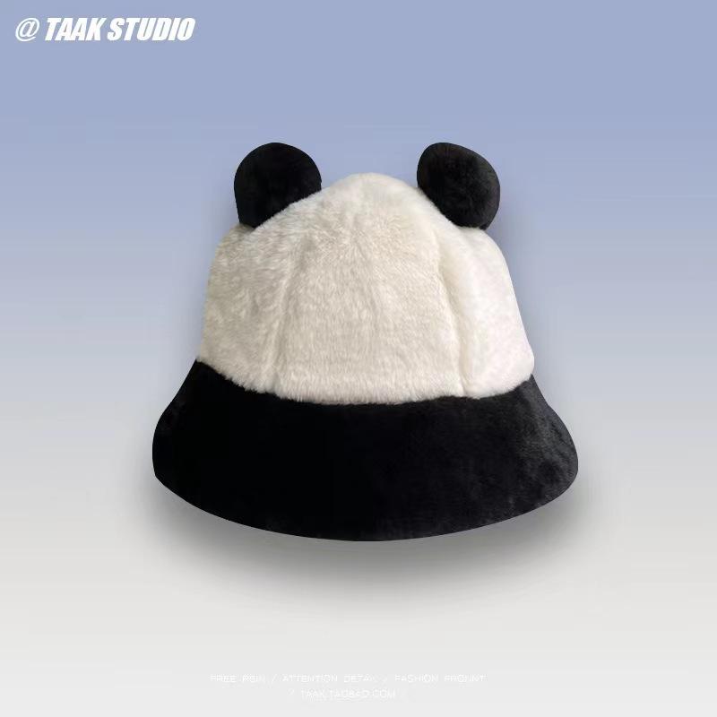 Cute Panda Lei Feng Hat Women's Season Warm Versatile Student Plush Ear Protection Hat Scarf Integrated Three-piece Set