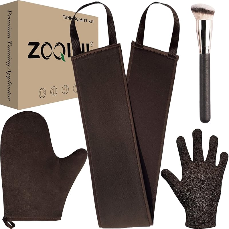 Self Tanning Mitt Kit, Velvety Soft Tanner Mitt, Back Tanning Applicator, Exfoliating Glove, Angled Face Tanner Brush for Sunless Tanning Oil Lotion