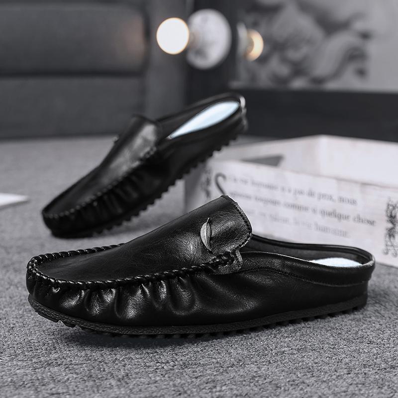 Large Size 39-46 Leather Mules Mens Backless Loafers Slippers Half Shoes For Men Closed Toe Sandals Man Semi-Drag Casual Shoes