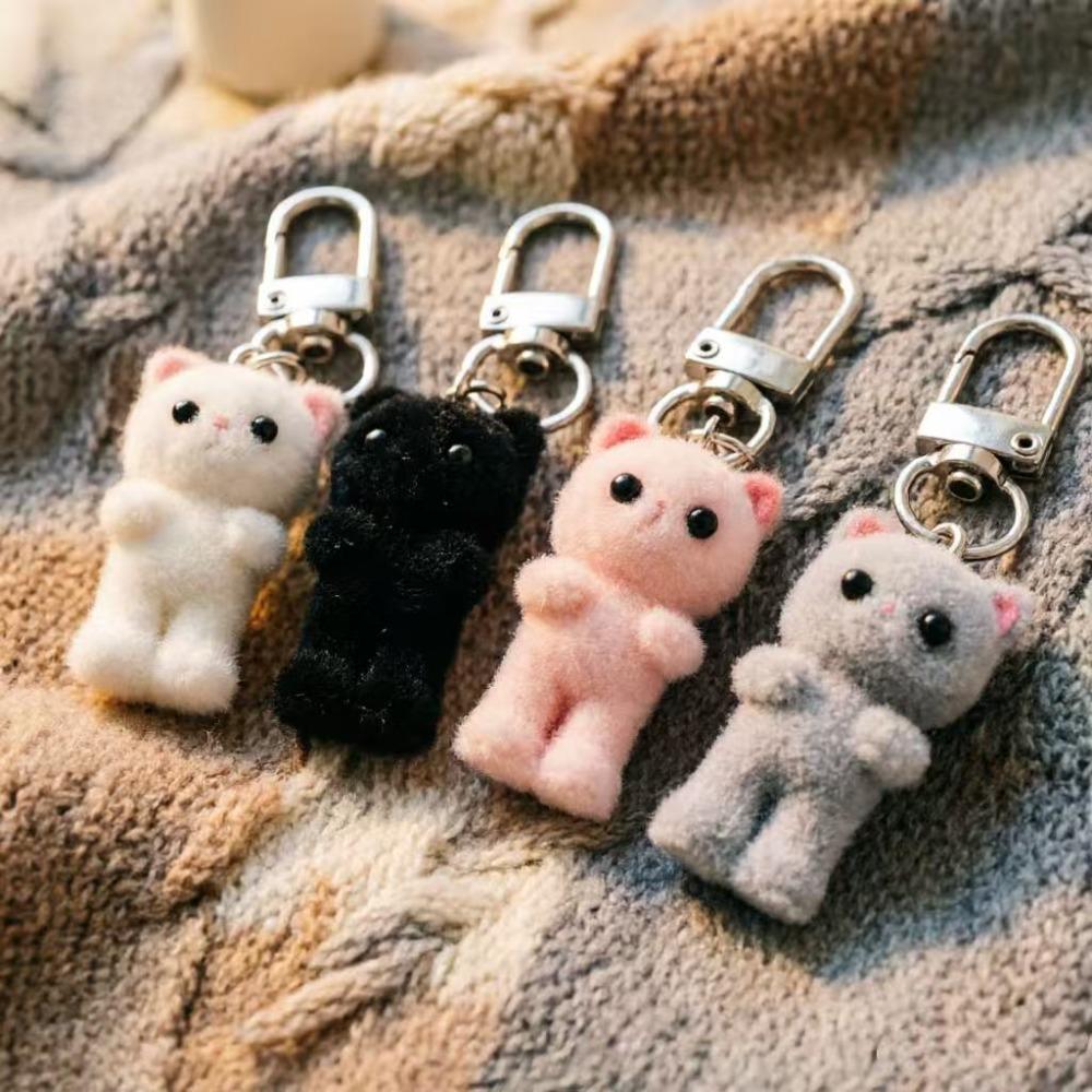 Cute Flocking Three-dimensional Kitten Keychain Cartoon Mini Doll Bag Pendant Keyrings Handmade DIY Keys Chains Gift Accessories