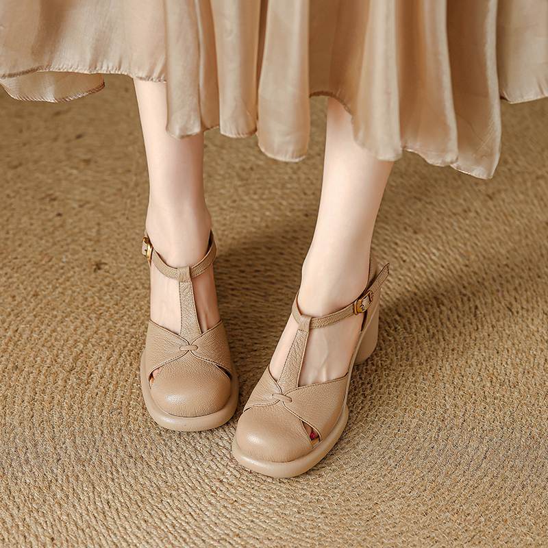 Krazing Pot Sheep Skin Round Toe Size 41 Thick Round High Heels Buckle Straps Hollow Platform Gladiator Autumn Pumps