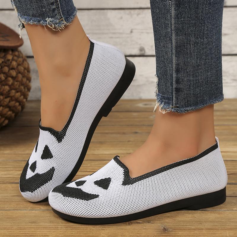 Fashion Pumpkin Printed Breathable Woman Flats Shoes Comfort Knit Slip On Walking Shoes for Women Lightweight Soft Sole Casual Loafers