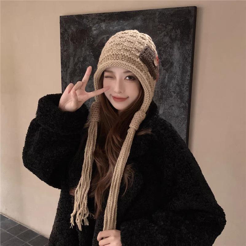 New Fashion Sticker Fringed Knitted Hat Women's Autumn and Winter Warm Wool Hat Christmas Little Red Riding Hood Shows Small Face