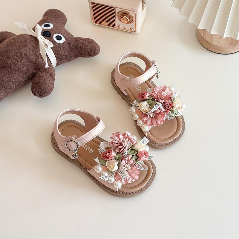 

Girls Sandals Sweet Flowers Ins Trendy Children Princess Shoes Elegant Cute 2025 Summer New Kids Beach Shoes Soft Sole Non-slip 23 розовый