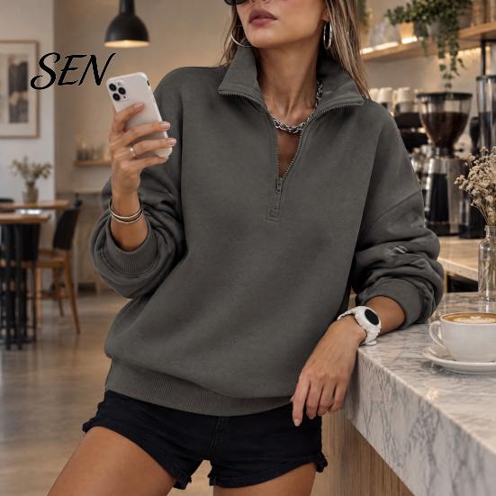 Langarm-Layering-Oberteile Damen Übergroßer Pullover, Stehkragen Reißverschluss Halbe Knopfleiste Oberteile, Leichter Pullover für Lässige Streetwear Entspannt