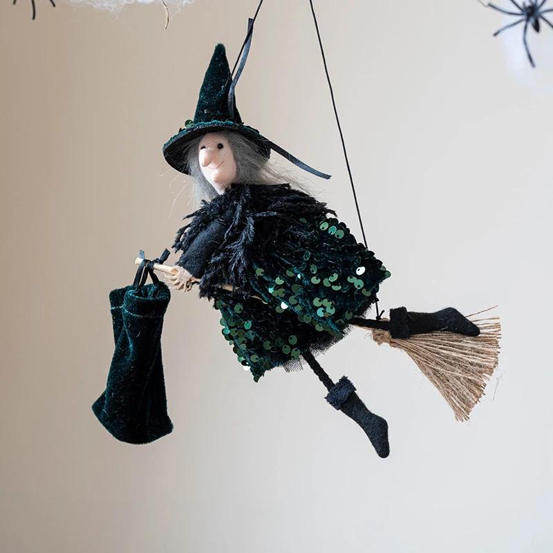 Halloween Witch Ornament Dolls Halloween Background Wall Party Decoration Hanging Pendants  Sequin Dress Witch Broom Figurines