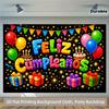 Black Feliz Cumpleaños Backdrop with Cake Balloons for Party Decor