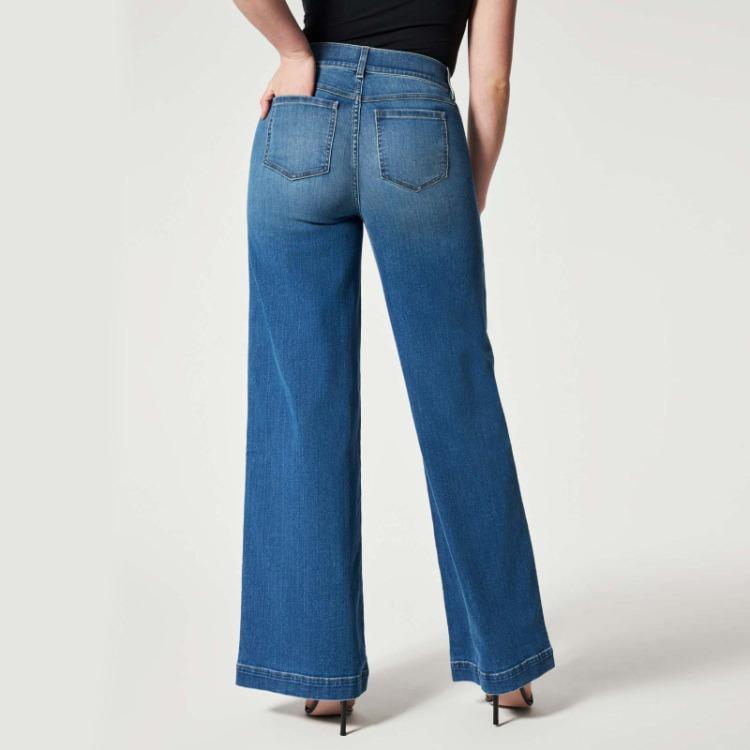 Seamed Front Wide Leg High Waist Baggy Jeans for Women Stylish Stretch Fit Straight Leg Vintage Indigo Lounge Pants