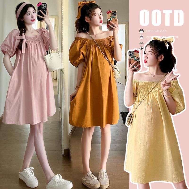 Maternity Summer Short Dress - Square Neck, Korean Style, Loose Fit L