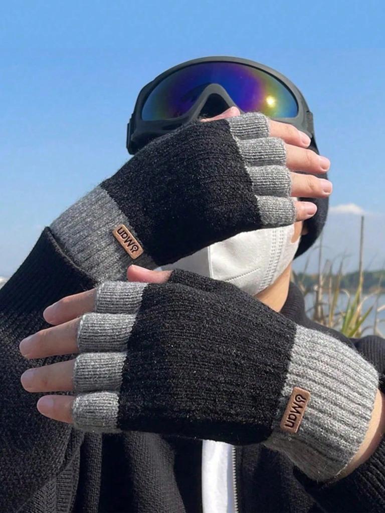 Color Blocked Half Finger Gloves for Men in Autumn and Winter To Keep Warm and Add Thick Woolen Yarn