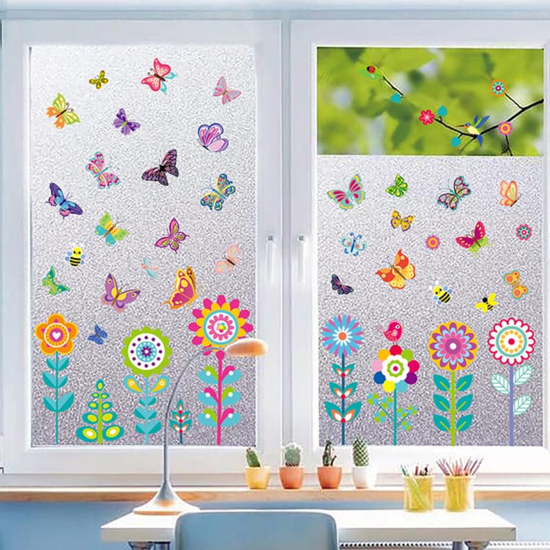 Amosfun Set Spring Window Static Flower and Butterfly Spring Window Glass Window Interior Window Wall Stickers 9-Piece Stickers Decals, Decoration,