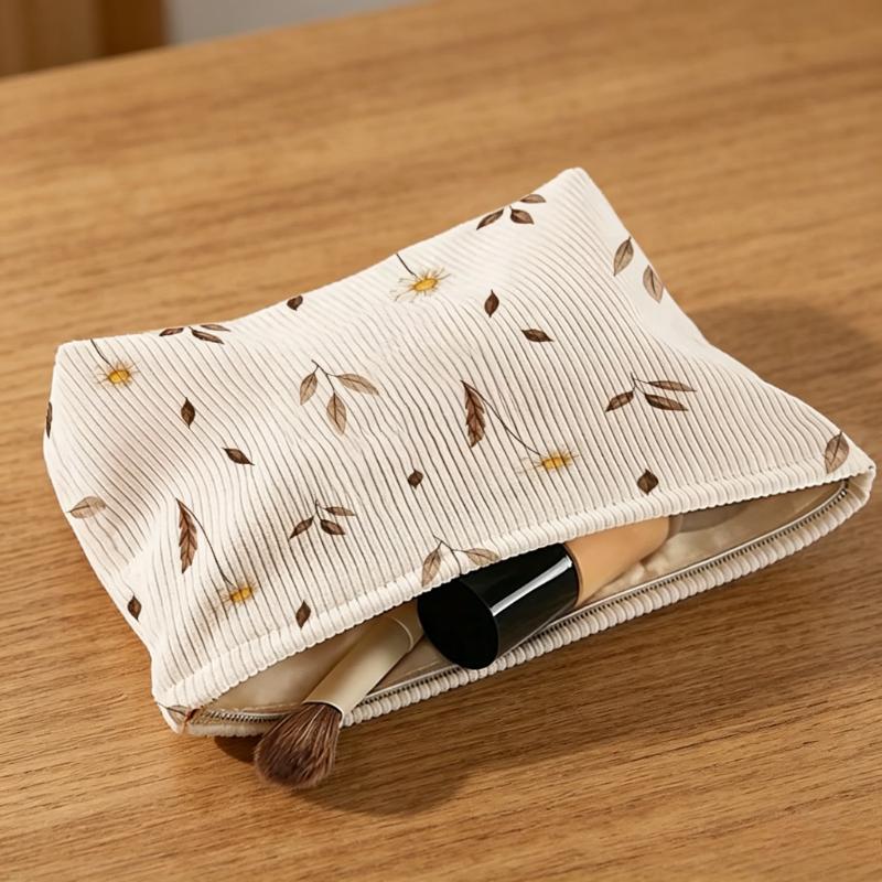 Multi-Functional Corduroy Cosmetic Bag with Daisy Print Soft Floral Pouch for Makeup Organizer and Daily Essentials Storage