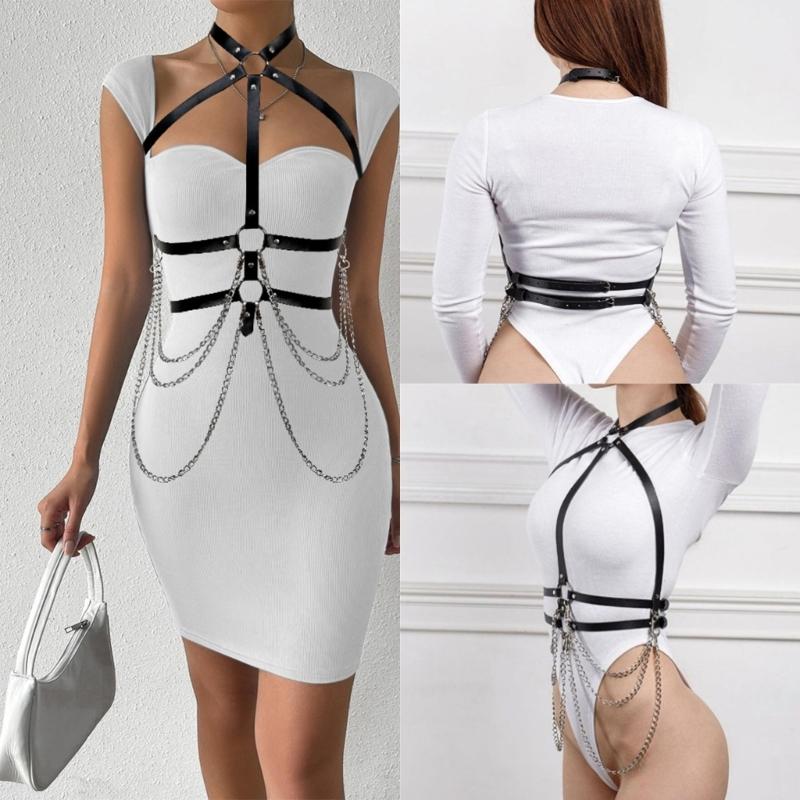 Cool Corsets Chain Harness Strap for Women Cool PU Corsets Waist Strap Cosplay Costume Adjust Shoulder Strap Belt