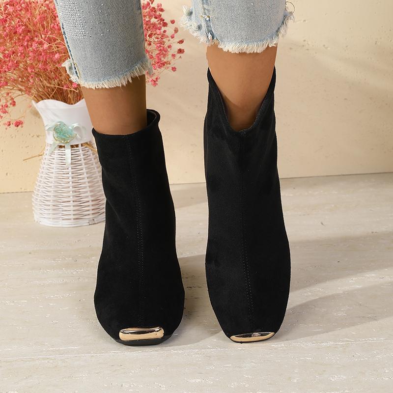 Anti-kick Suede Short Boots for WomenAutumn New Fashionable Chunky Heel Metal Square Toe Mid-Heel Stretch Slim Sock Boots