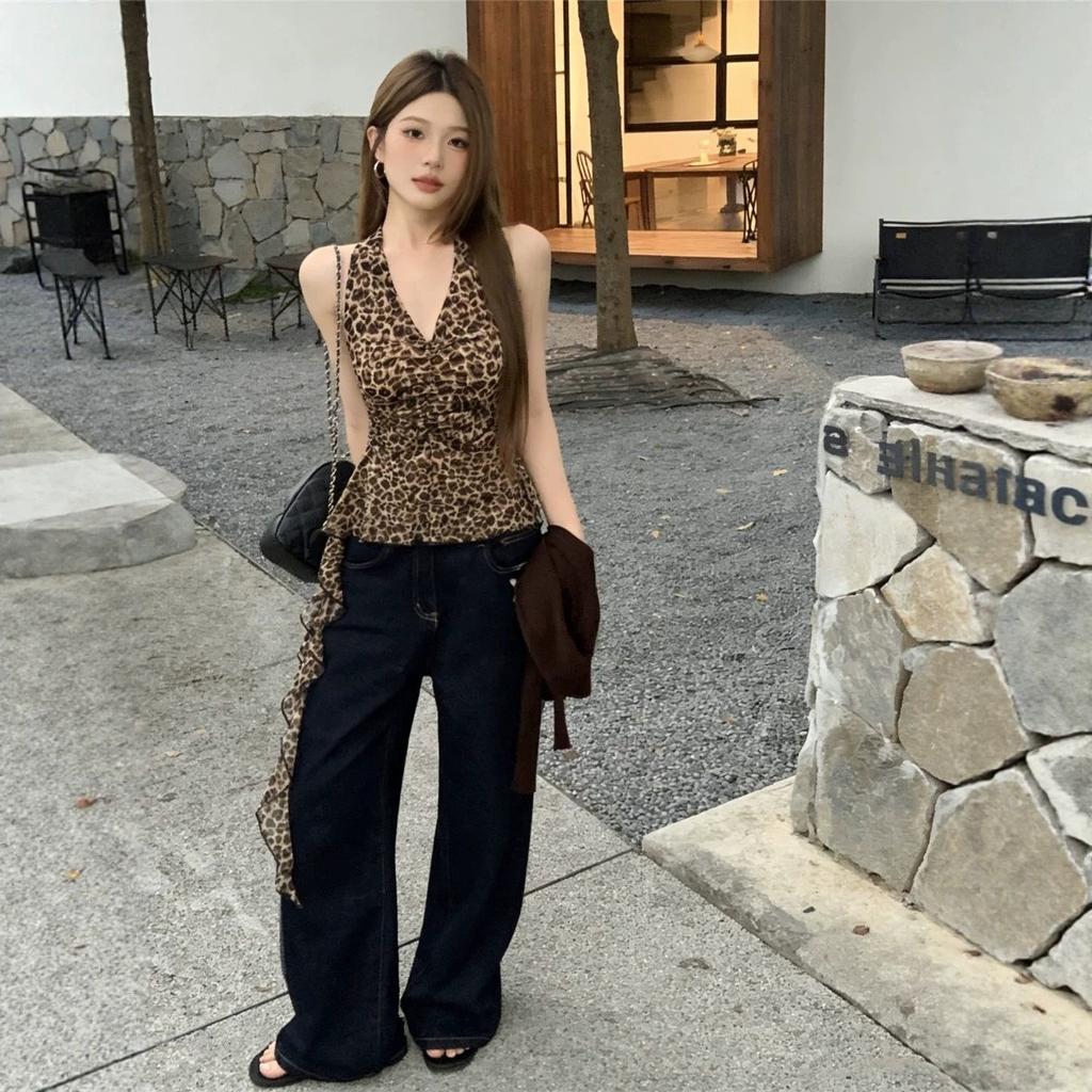 American sexy pure desire wind leopard print V-neck neck vest women's summer waist thin backless lace-up top ins tide