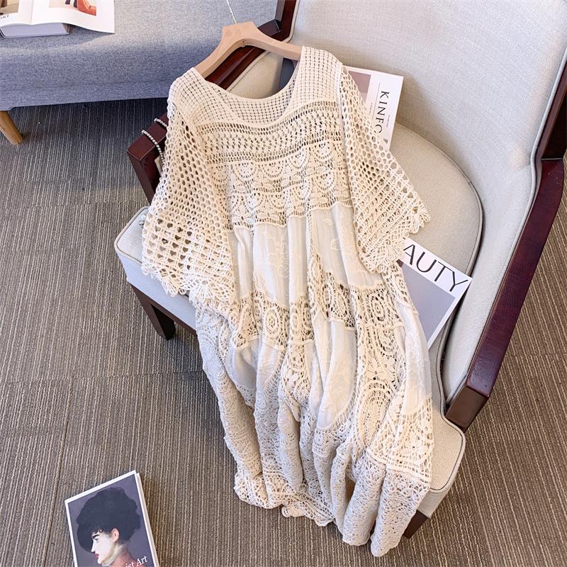 DIMANAF 2025 Summer Women Long Knitted Dress Sleeve Basic Fashion Lace Dresses Loose Dress