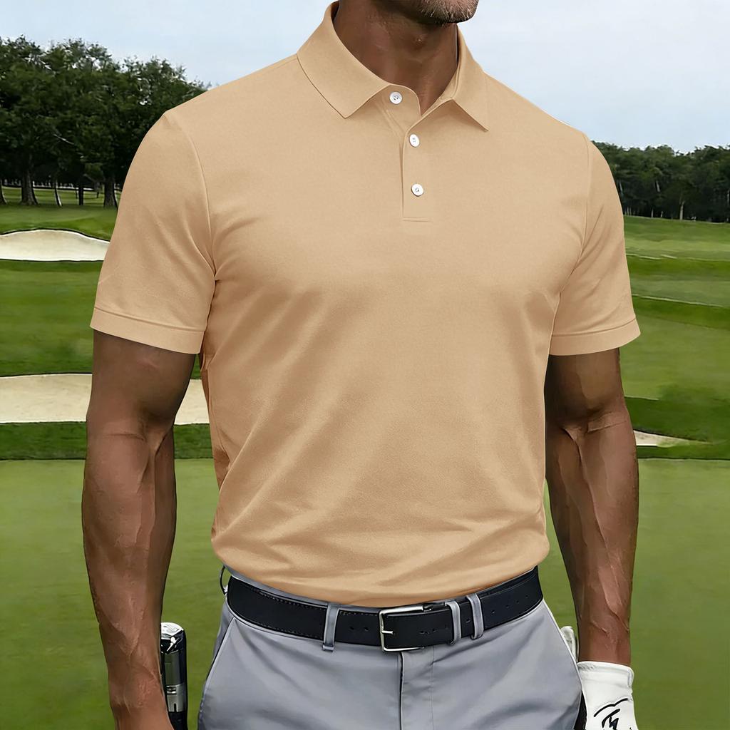 Men Short Sleeve Polo Shirt Classic Fit Button Down Collar Lightweight Breathable Knit Fabric for Business Casual Wear