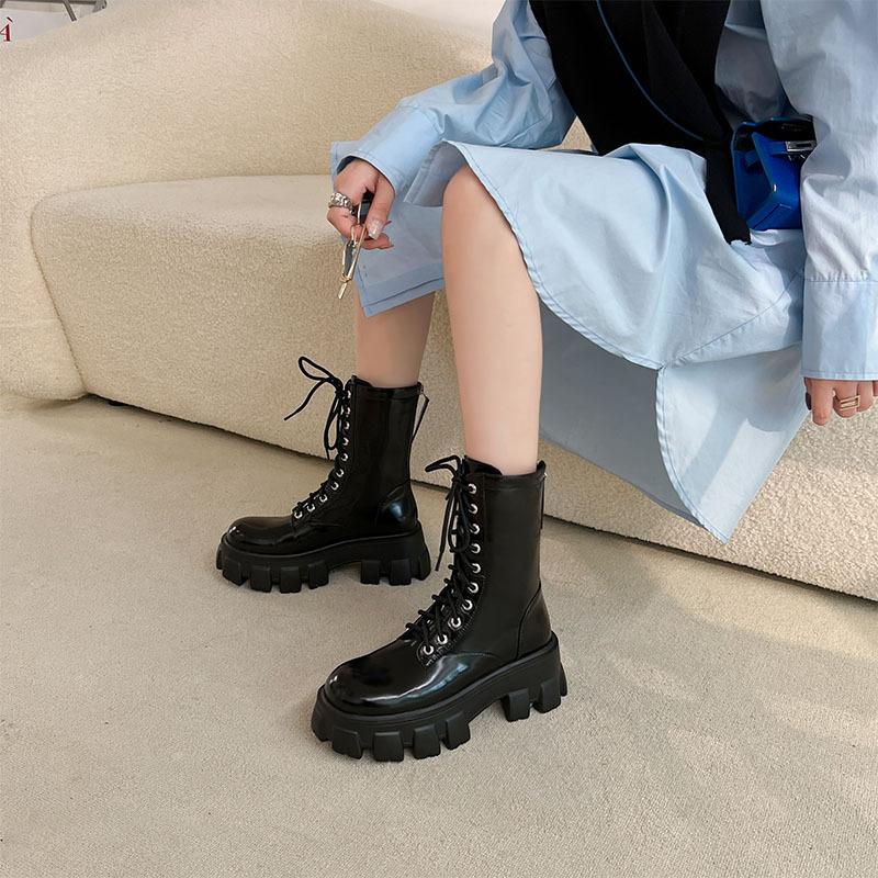 New Year's Goods~ Star Martin Boots British Style High-top Women's Boots 2025 Autumn and Winter Cowhide Lace-up Thick-soled Medium Boots
