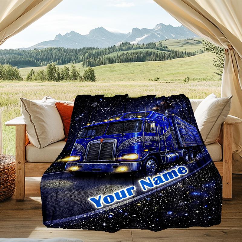1PC Custom Name Space Truck Journey flannel blanket versatile,all-season throw suitable for the living room,bedroom,camping,travel,and gift