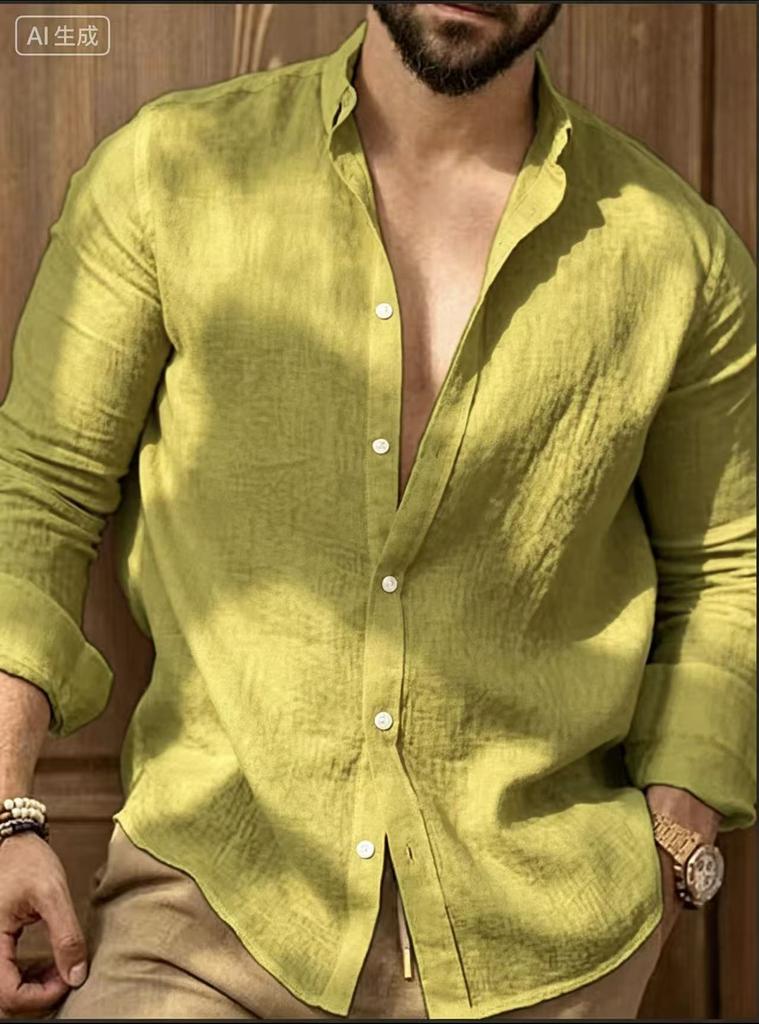 Men's Cotton Linen Long Sleeve Shirt Solid Relaxed Fit Casual Everyday Button Up Top
