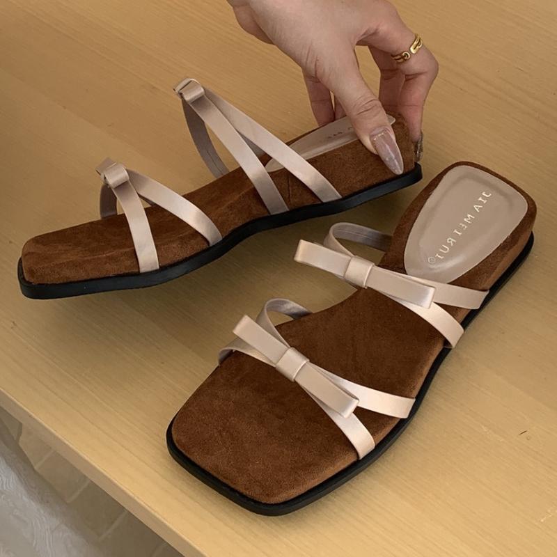 

Fashion Comfort Soft Bottom Bow Wedges Slippers Women Square Toe Narrow Band Design Slide Sandals Summer Anti Slip Brand Beach Sandals 35 шампанского