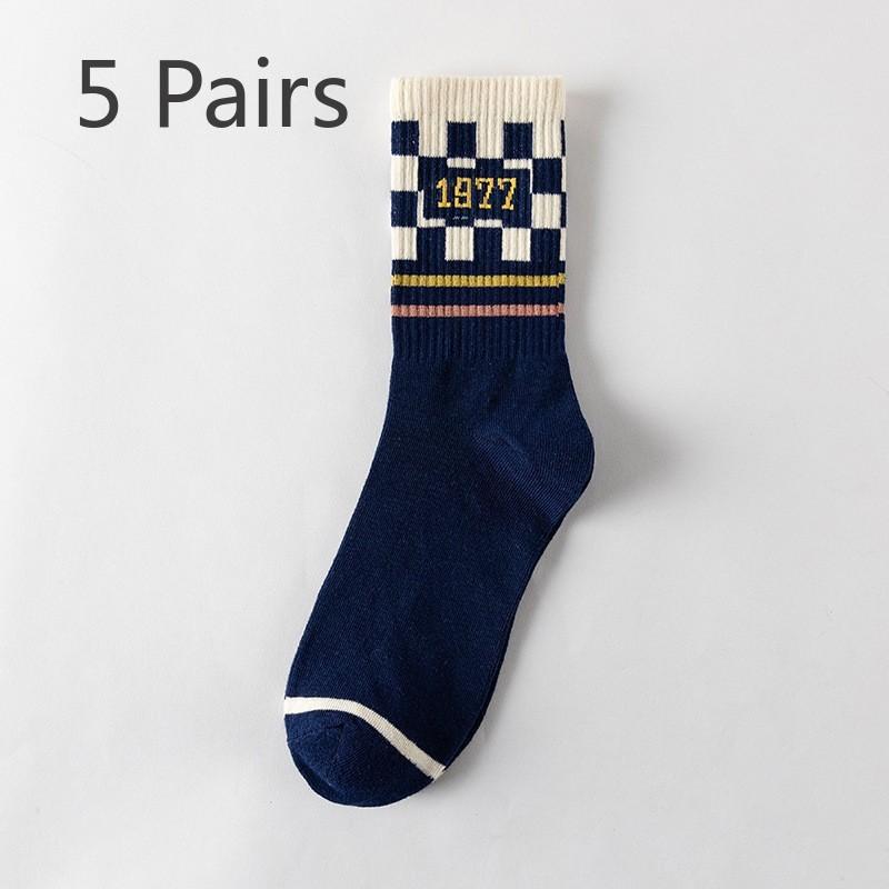 5 Pairs of Men's and Women's Spring Fashion Solid Color Sports Striped Mid Tube Cotton Socks